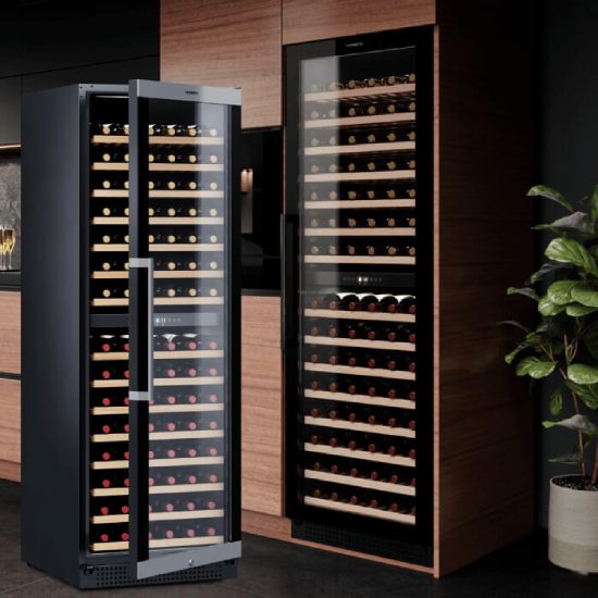 two large wine cellars side by side in an elegant kitchen